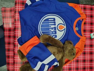 Mens Large Oilers Jersey and First Edition Angel Bear Donated by AM Earthworks